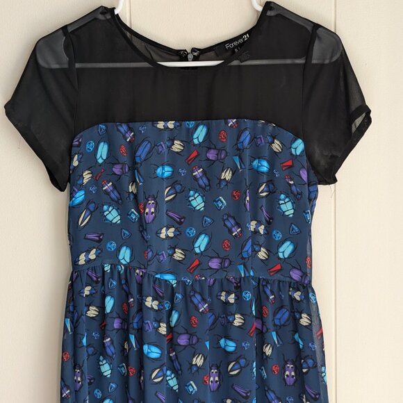 Jewel & Insect/Beetle patterned, short sleeved, mini dress with mesh panel - S - Picture 2 of 8